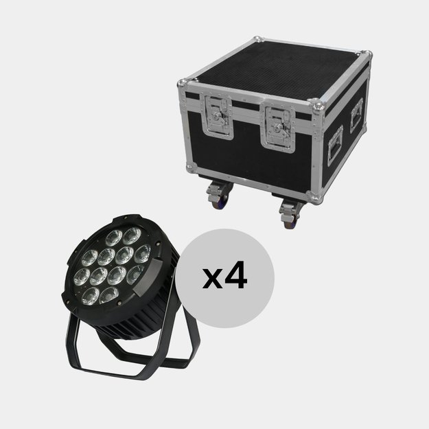 4x 1P12F6 12x15W RGBWA+UV IP65 LED Par Prožektoriai su transportavimo dėže 4in1